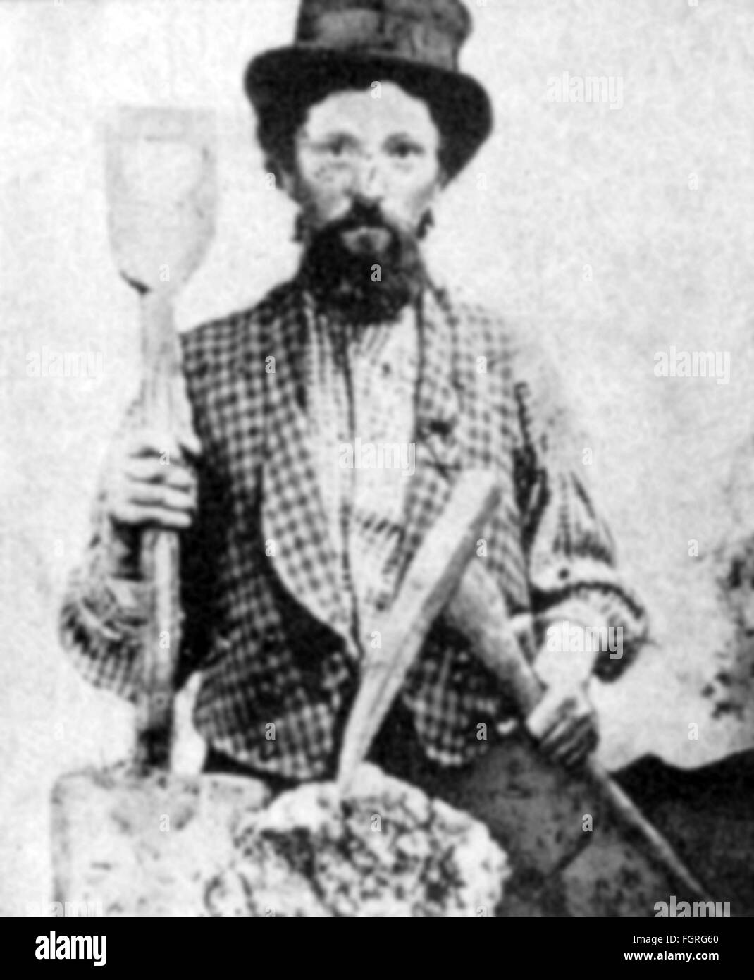 metal, gold, gold seeker with shovel, pick and rock, Pikes Peak, Colorado, 1859, Additional-Rights-Clearences-Not Available Stock Photo