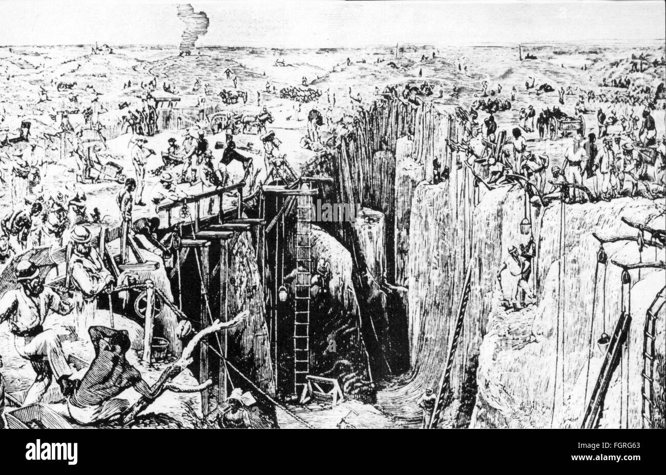 mining, diamonds, exploitation of diamonds at the 'Big Hole', Kimberley, wood engraving, 19th century, Additional-Rights-Clearences-Not Available Stock Photo