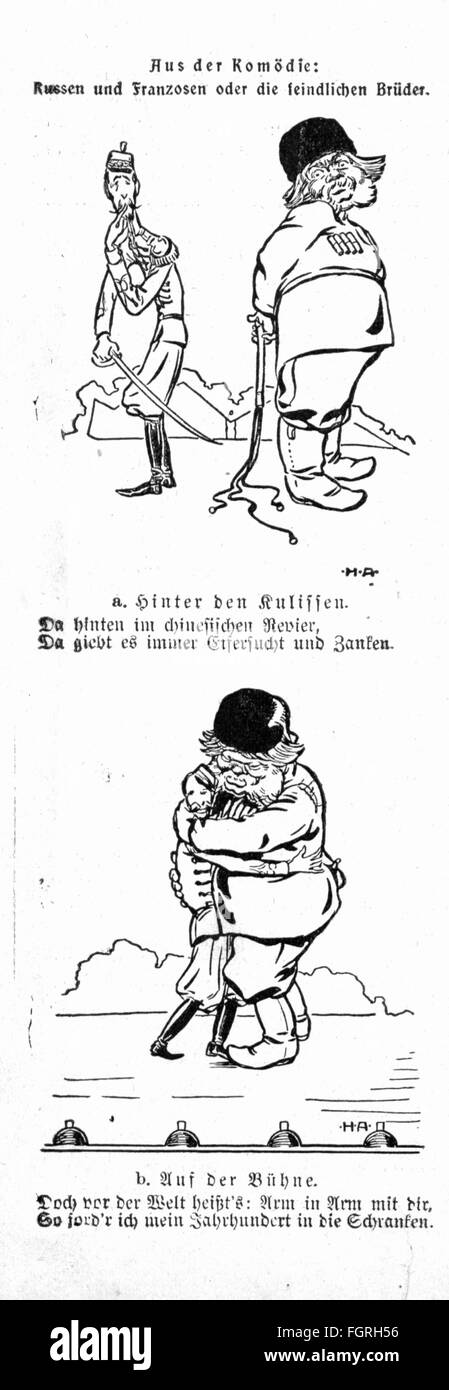 politics, caricatures, Russians and French or the hostile brothers, a: behind the scenes, b: on stage, wood engraving, 'Vom Fels zum Meer', January 1906, Additional-Rights-Clearences-Not Available Stock Photo