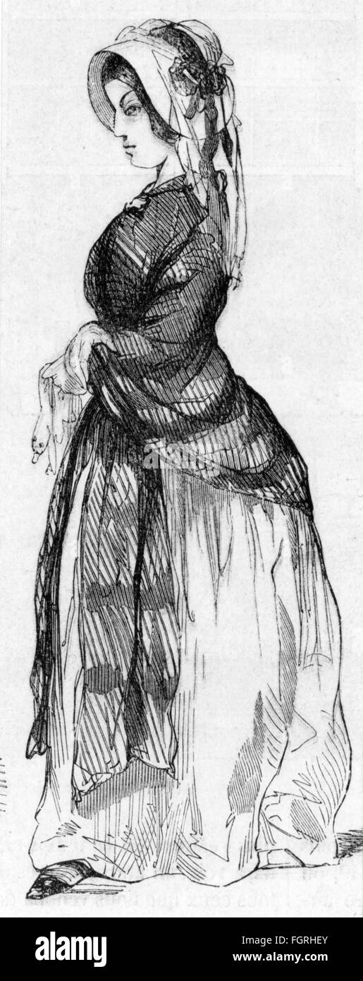 fashion, 19th century, lady with hat and coat, wood engraving, circa 1860, Additional-Rights-Clearences-Not Available Stock Photo
