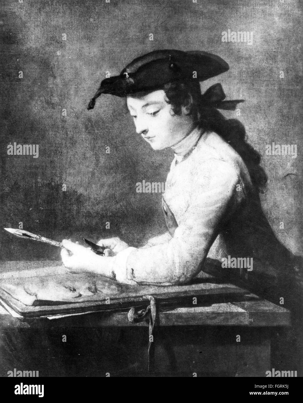 fine arts, Chardin, Jean-Baptiste-Simeon, painting, 'Le jeune dessinateur' (Draughtsman), 1737, oil on canvas, 80 x 65 cm, Louvre, Paris, Additional-Rights-Clearences-Not Available Stock Photo