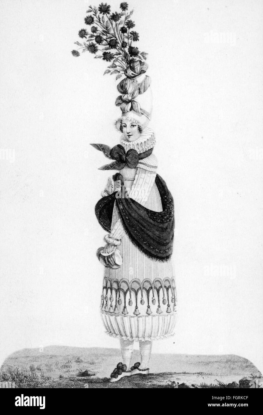 fashion, 19th century, woman in dress with ultralarge hat, engraving, early 19th century, 19th century, graphic, graphics, caricature, caricatures, humor, humour, satire, ladies' fashion, clothes, outfit, outfits, dress, dresses, accessory, accessories, headpiece, headpieces, hat, hats, ornament, ornaments, flowers, flower, extravagance, extravagances, extravagant, fashion for women, women's clothing, historic, historical, woman, women, female, people, Additional-Rights-Clearences-Not Available Stock Photo