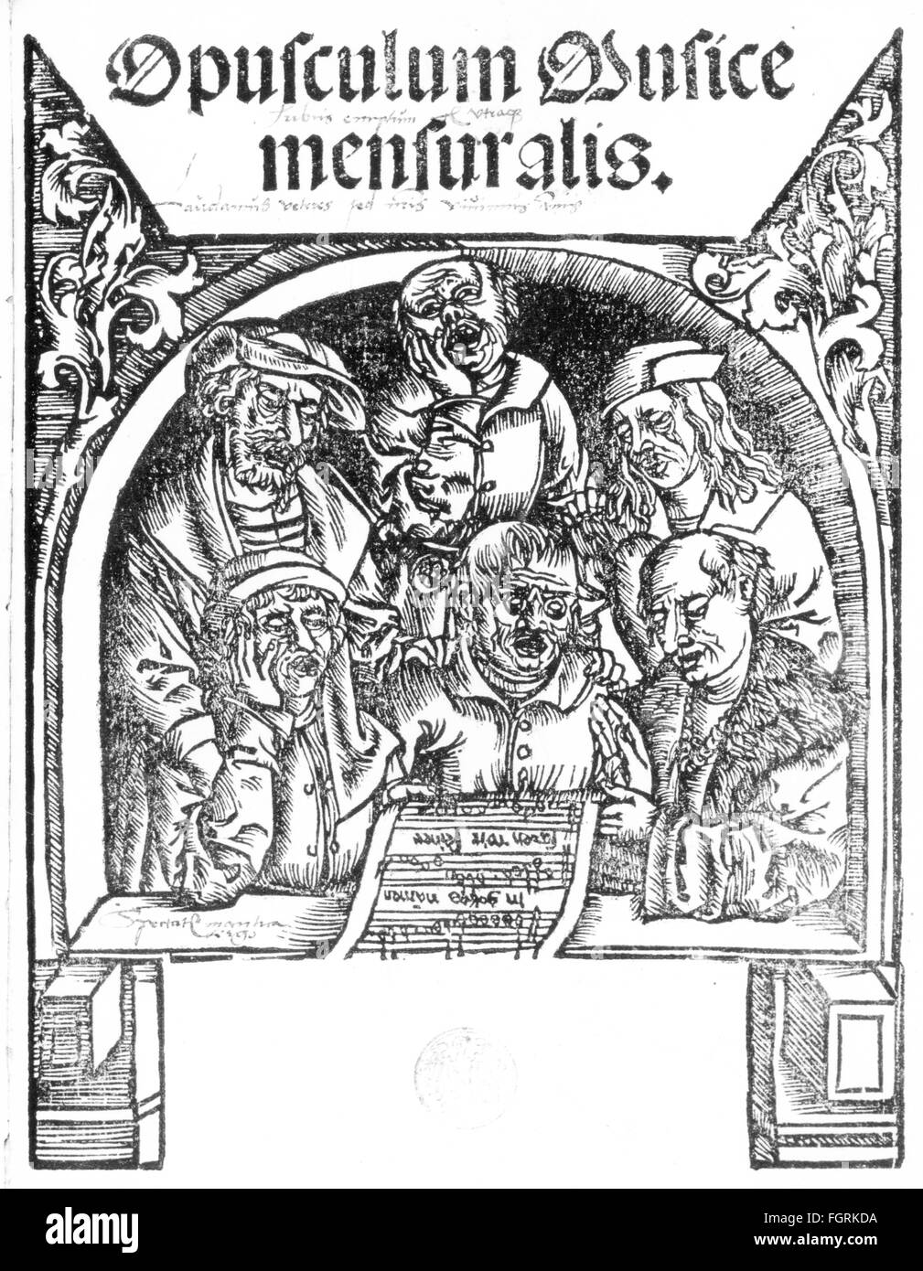 music, vocal music, choir, singing men, woodcut, 'Opusculum musice mensuralis' by Sebastian of Felsztyn, Krakow, 1517, Additional-Rights-Clearences-Not Available Stock Photo