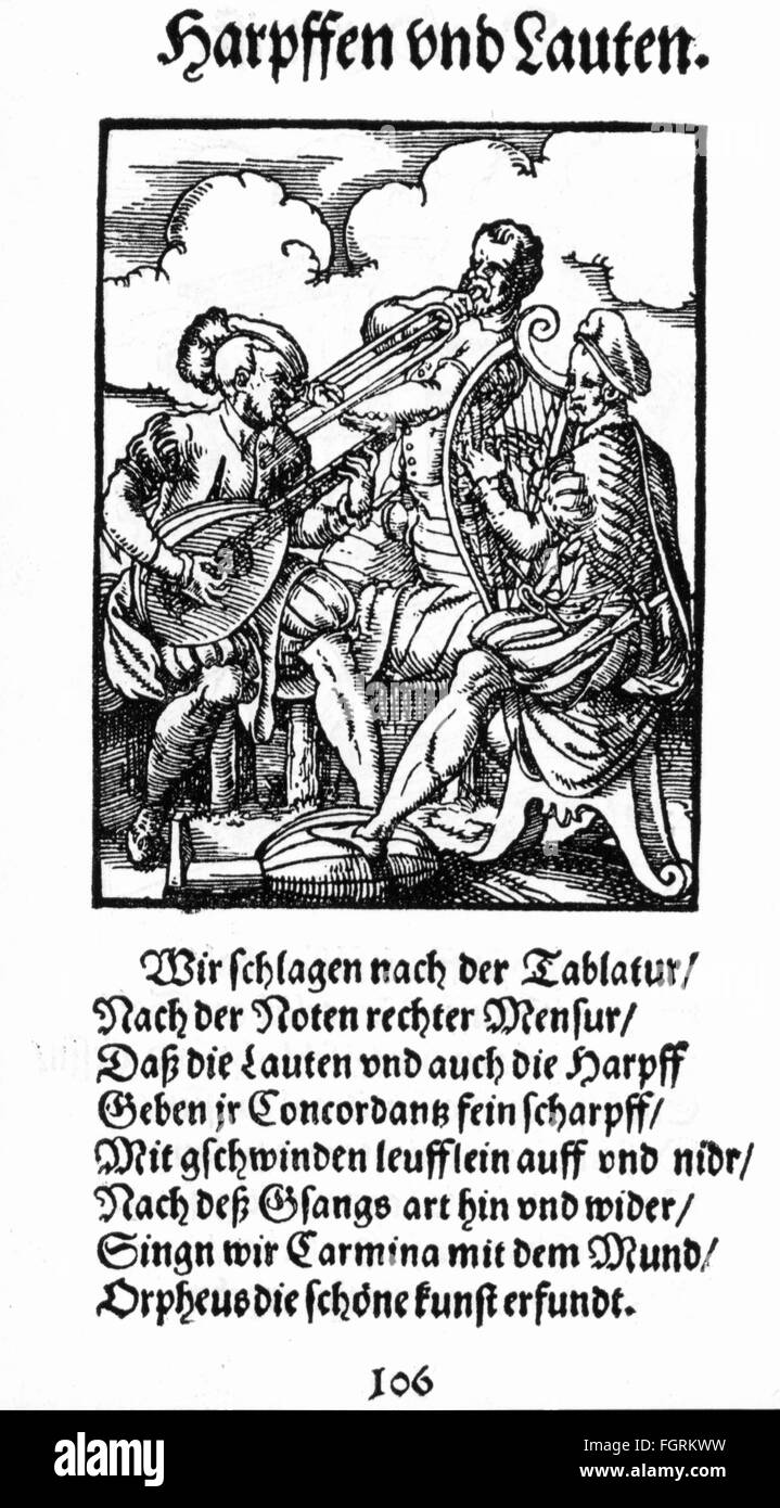 music, musician, 'Harps and Lutes', copper engraving from the 'Staendebuch' by Jost Amman, 1568, with verse by Hans Sachs, Artist's Copyright has not to be cleared Stock Photo