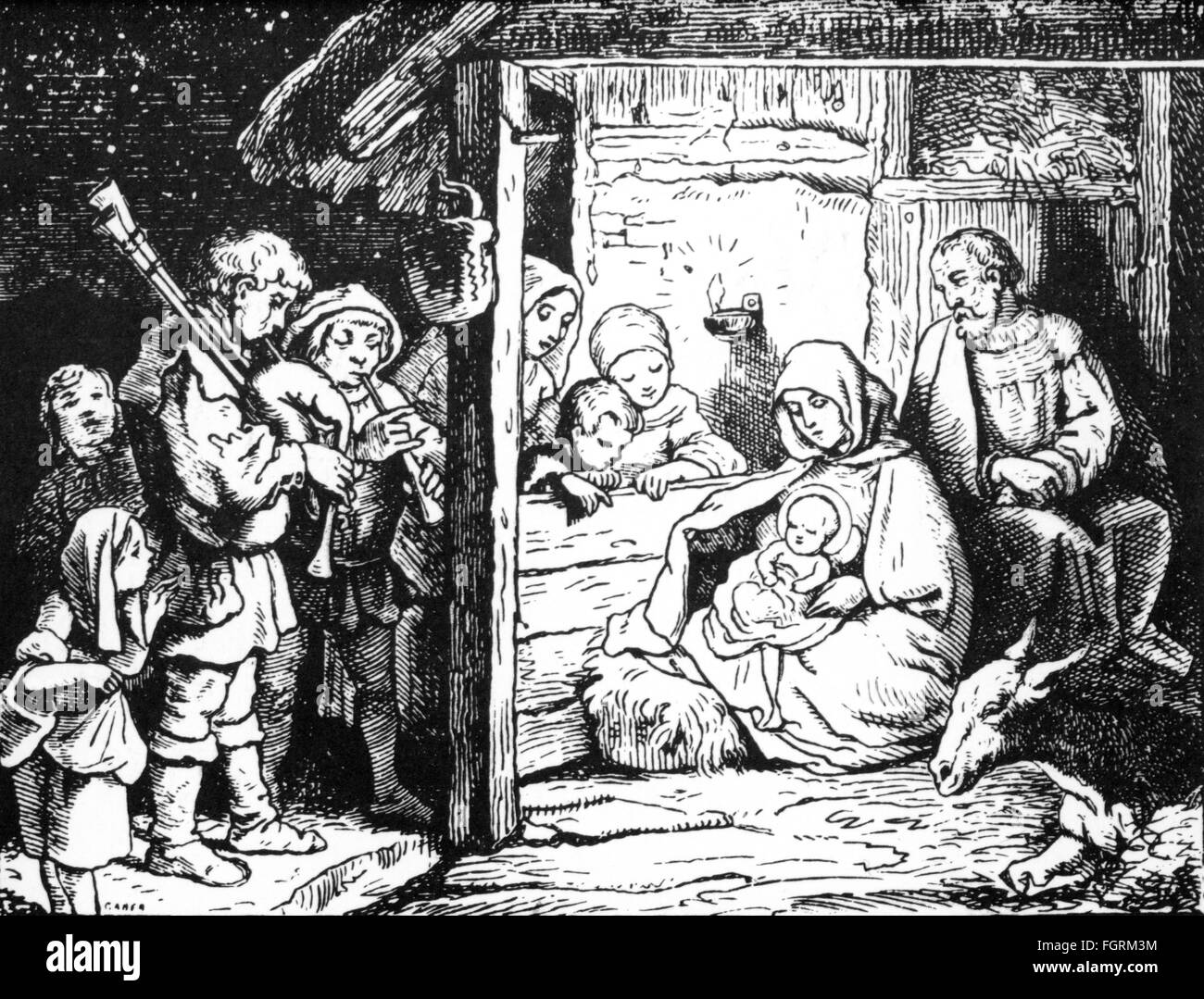 religion,Christianity,Jesus Christ,birth,the Holy Family in the stable in Bethlehem,drawing by Ludwig Richter,19th century,The Nativity,Madonna,Saint Mary,Our Lady,the Blessed Virgin Mary,the Virgin Mary,Our Blessed Lady,Joseph,herdsman,herder,herdsmen,herders,Christmas,pipes,play the bagpipes,bagpipe,musical instrument,instrument,musical instruments,instruments,make music,play music,making music,playing music,makes music,plays music,made music,played music,playing,play,children,child,kids,kid,people,religion,religions,Additional-Rights-Clearences-Not Available Stock Photo