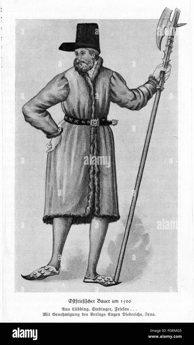 fashion, traditional costume, Friesland, East Frisian peasant, circa 1500, drawing, out of: Hermann Lübbing, 'Stedinger, Friesen, Dithmarscher', Jena, 1929, Additional-Rights-Clearences-Not Available Stock Photo