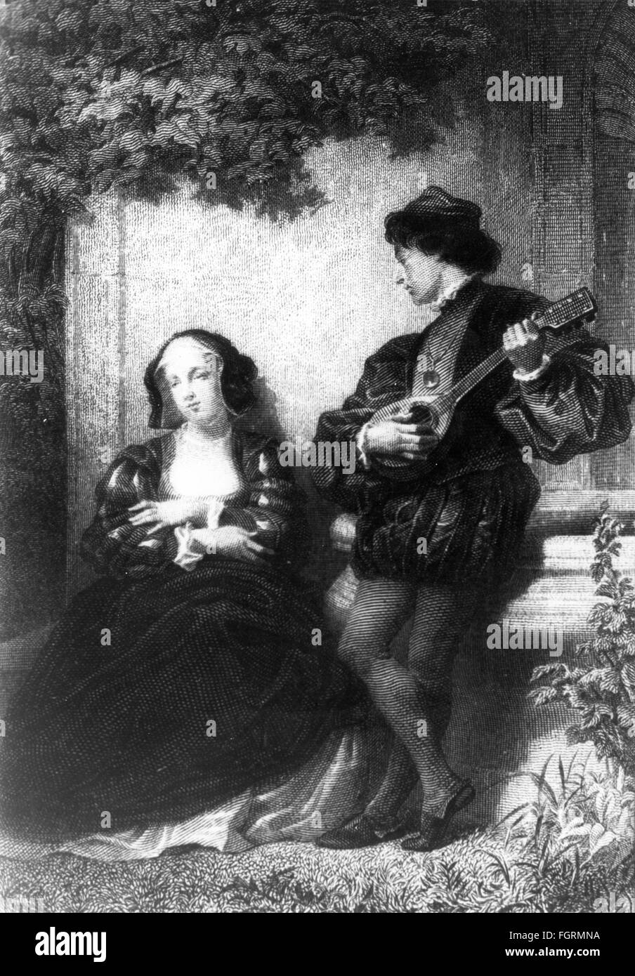 people, couples, lady and music playing cavalier in the 16th century, French copper engraving, 19th century, make music, play music, making music, playing music, makes music, plays music, made music, played music, playing, play, musical instrument, musical instruments, stringed instrument, string instrument, stringed instruments, string instruments, love, pair of lovers, courting couple, couples, couple, France, bench, benches, society, societies, nobility, aristocracy, lady, ladies, historic, historical, Artist's Copyright has not to be cleared Stock Photo