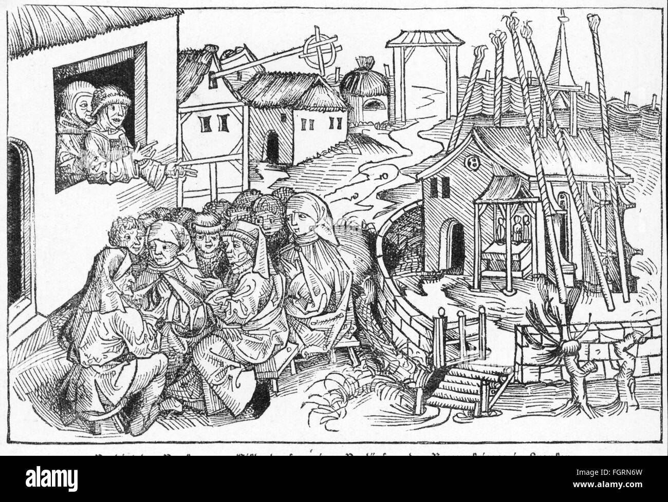 events, German Peasants' War 1524 / 1525, peasants swearing on the Bundschuh flag, woodcut, 1513, 16thh century, graphic, graphics, uprising, tied shoe, farmers, revolt, Peasants' War, Middle Ages, Germany, Swabia, conspiracy, alliance, Jesus Christ, crucifix, oath, oath of allegiance, rebels, insurgents, historic, historical, people, Additional-Rights-Clearences-Not Available Stock Photo