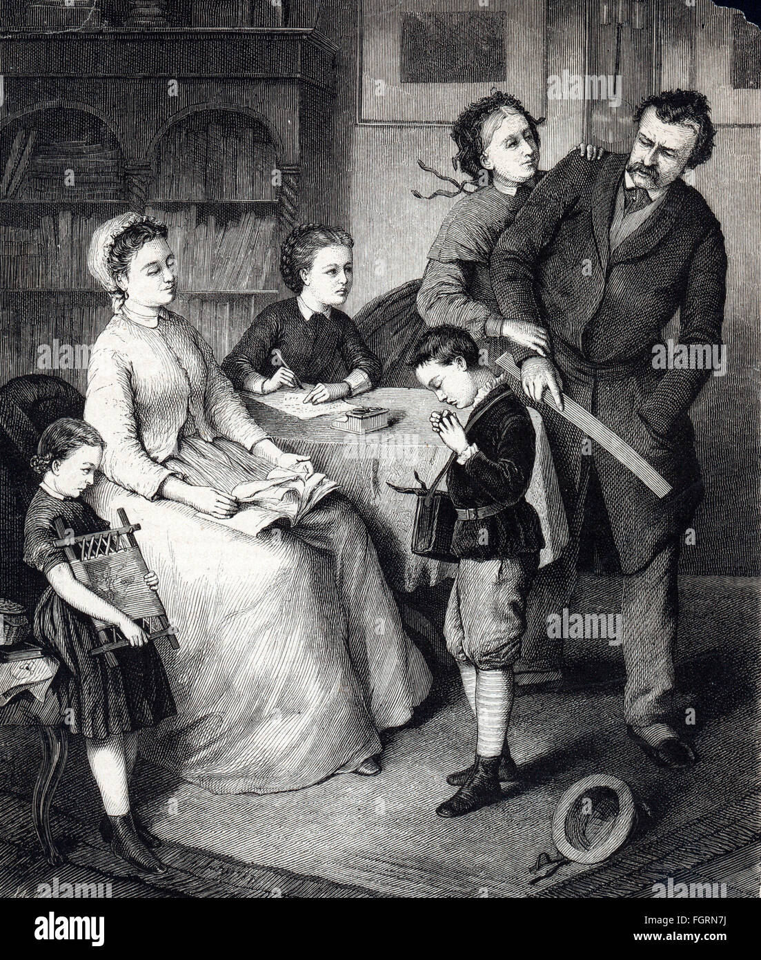 people, family, scenes, 'Wieder eine schlechte Oster-Censur!' (Yet Another Bad Grade for Easter!', wood engraving, out of: 'Die Gartenlaube', issue 52, Leipzig, 1873, Additional-Rights-Clearences-Not Available Stock Photo