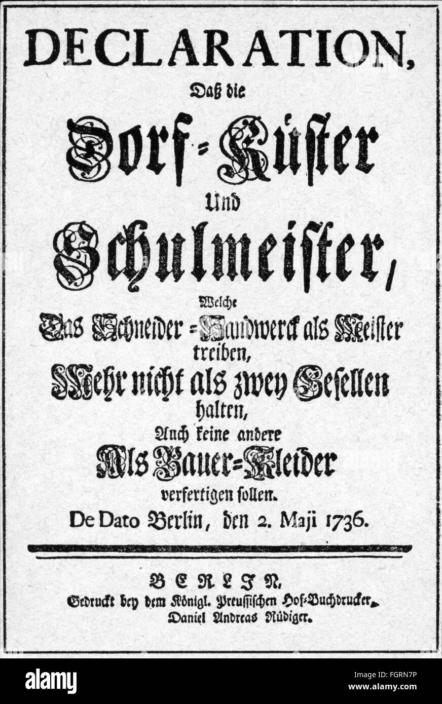 craft / handcraft, occupations, tailors, edict of the Prussian king Frederick William I on sextons and schoolmasters who also work as tailors, title page, Berlin, 2.5.1736, Artist's Copyright has not to be cleared Stock Photo