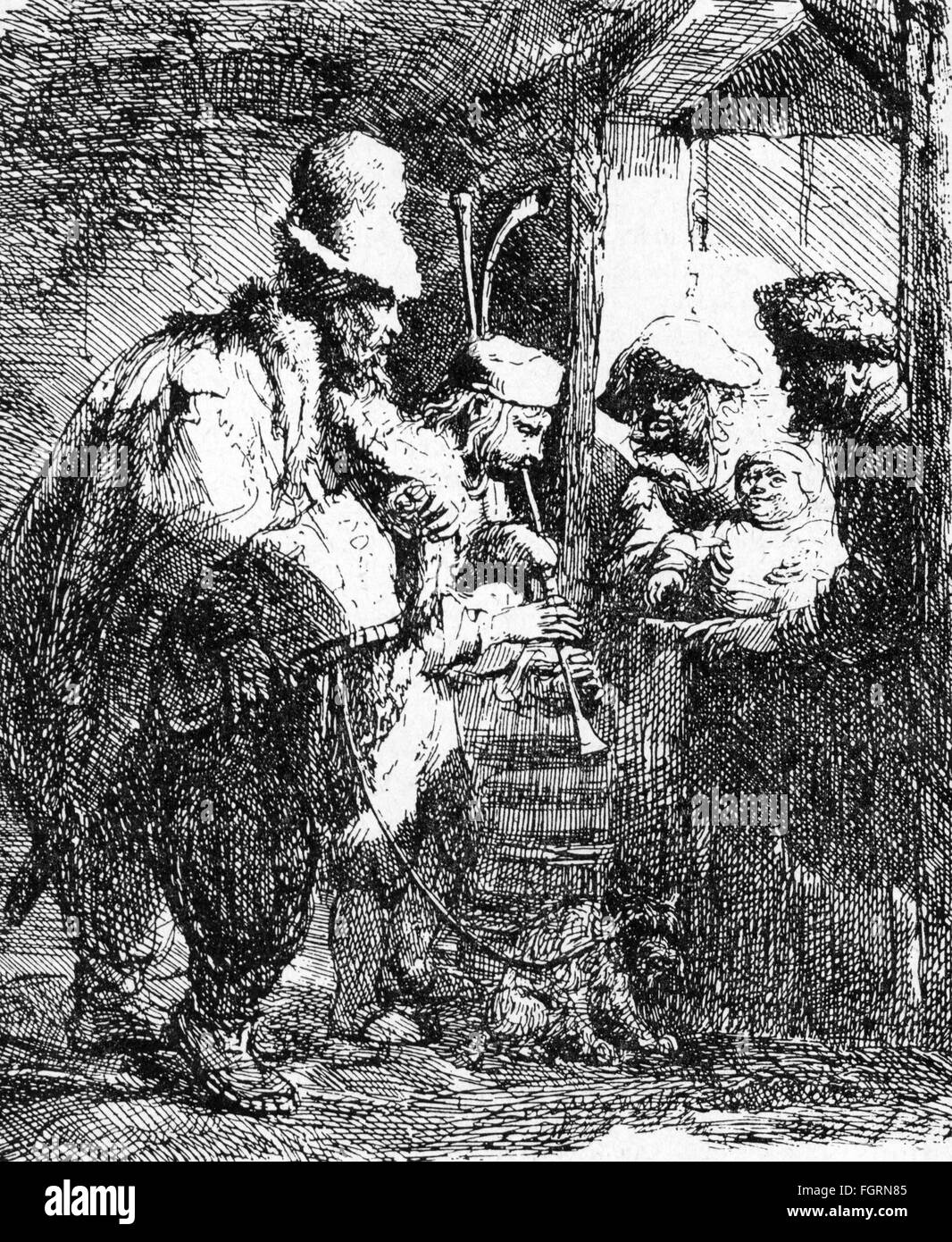 music, musicians, beggar musicians, etching by Rembrandt Harmenszoon