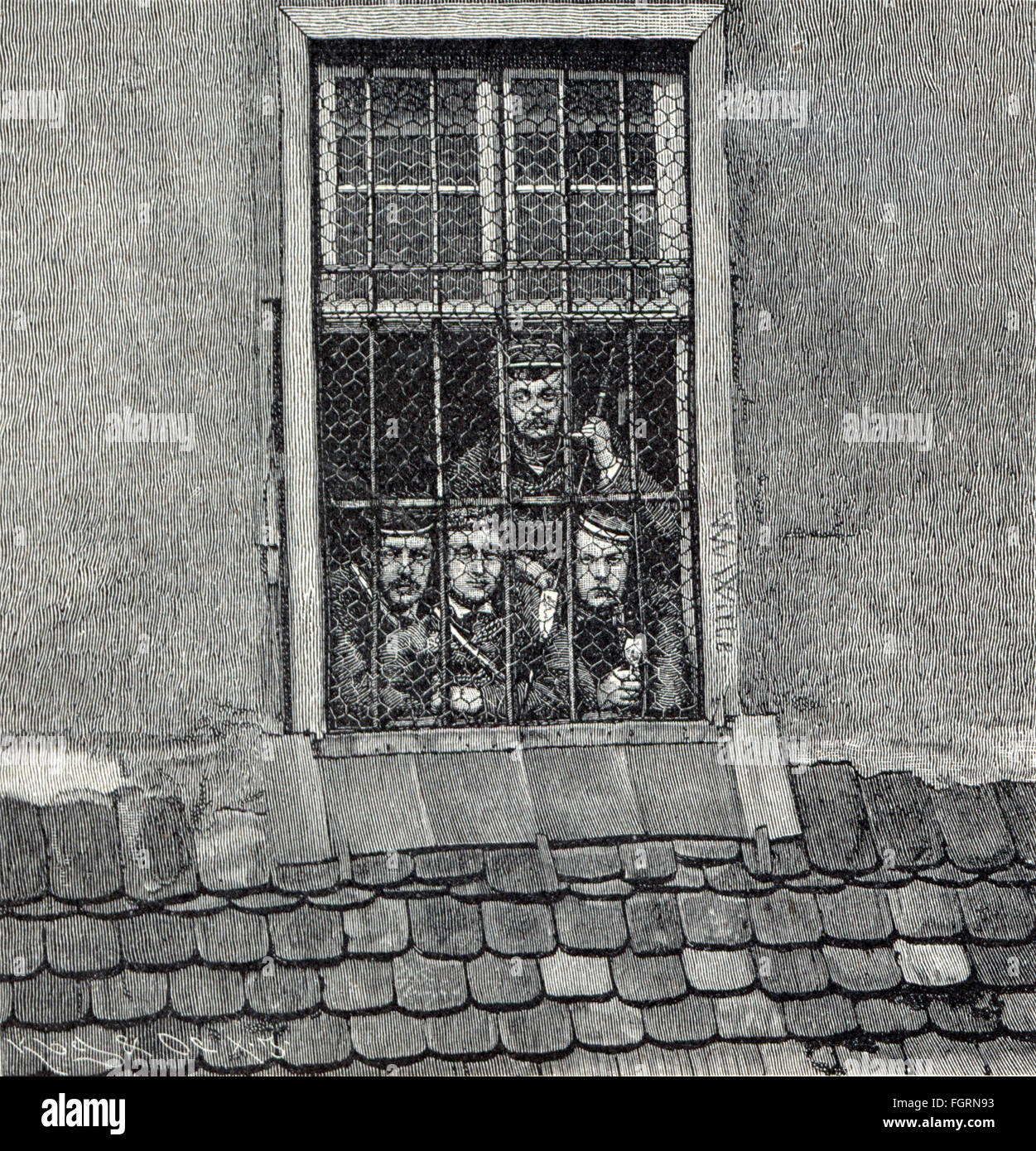 geography / travel, Germany, Heidelberg, buildings, university, exterior view, students at window of the campus prison, after photograph by G.Pauli & Co., wood engraving, out of: 'Die Gartenlaube', number 30, Leipzig, 1886, Additional-Rights-Clearences-Not Available Stock Photo