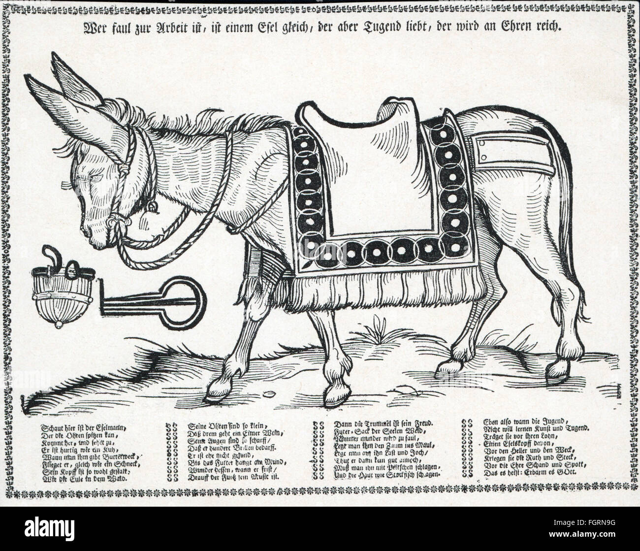 pedagogy,teaching aids,didactic pictorial broadsheet with caricature of a donkey as reminder to children,flyer,17th century,Germanisches Nationalmuseum(National Museum of Germanic History),Nuremberg,17th century,graphic,graphics,Germany,didactics,animal,animals,donkey,donkeys,saddle,saddles,idleness,laziness,symbol,symbols,premonition,premonitions,pedagogy,paedagogy,education,teaching aids,audiovisual aids,caricature,caricatures,reminder,reminder letter,reminders,reminder letters,children,child,kids,kid,flyer,flier,leaf,Additional-Rights-Clearences-Not Available Stock Photo