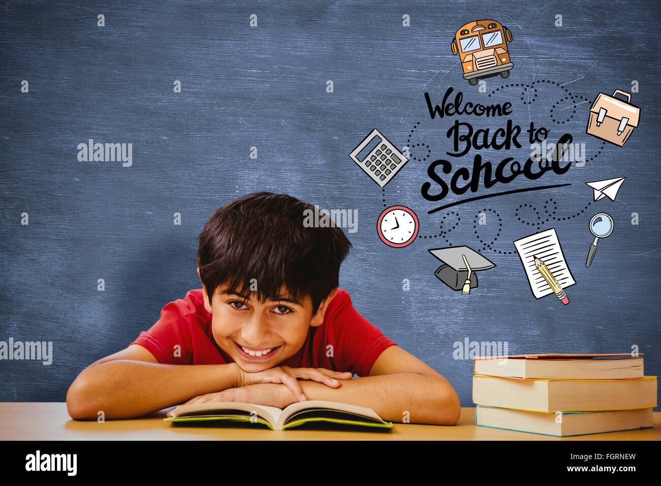 Composite image of portrait of boy reading book in library Stock Photo