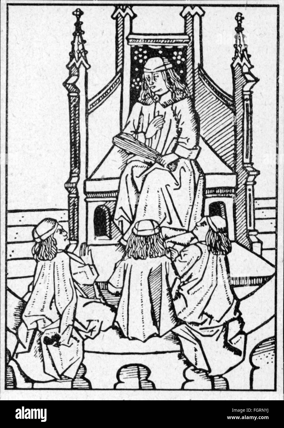 pedagogy, school / lessons / discipline, school lessons in mediaeval times, woodcut, out of: 'Opusculum quintupartitum grammatical pro pueris', print: Gottfried de Os, Gouda, 1486, Additional-Rights-Clearences-Not Available Stock Photo