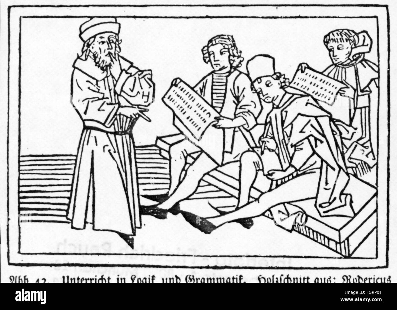 pedagogy, school / lessons / discipline, teacher teaching pupils logic and grammar, woodcut, out of: Rodericus Zamorensis (1404 - 1470) : 'Speculum Vitae Humanae', print: J.Bämler, Augsburg, 1479, Additional-Rights-Clearences-Not Available Stock Photo