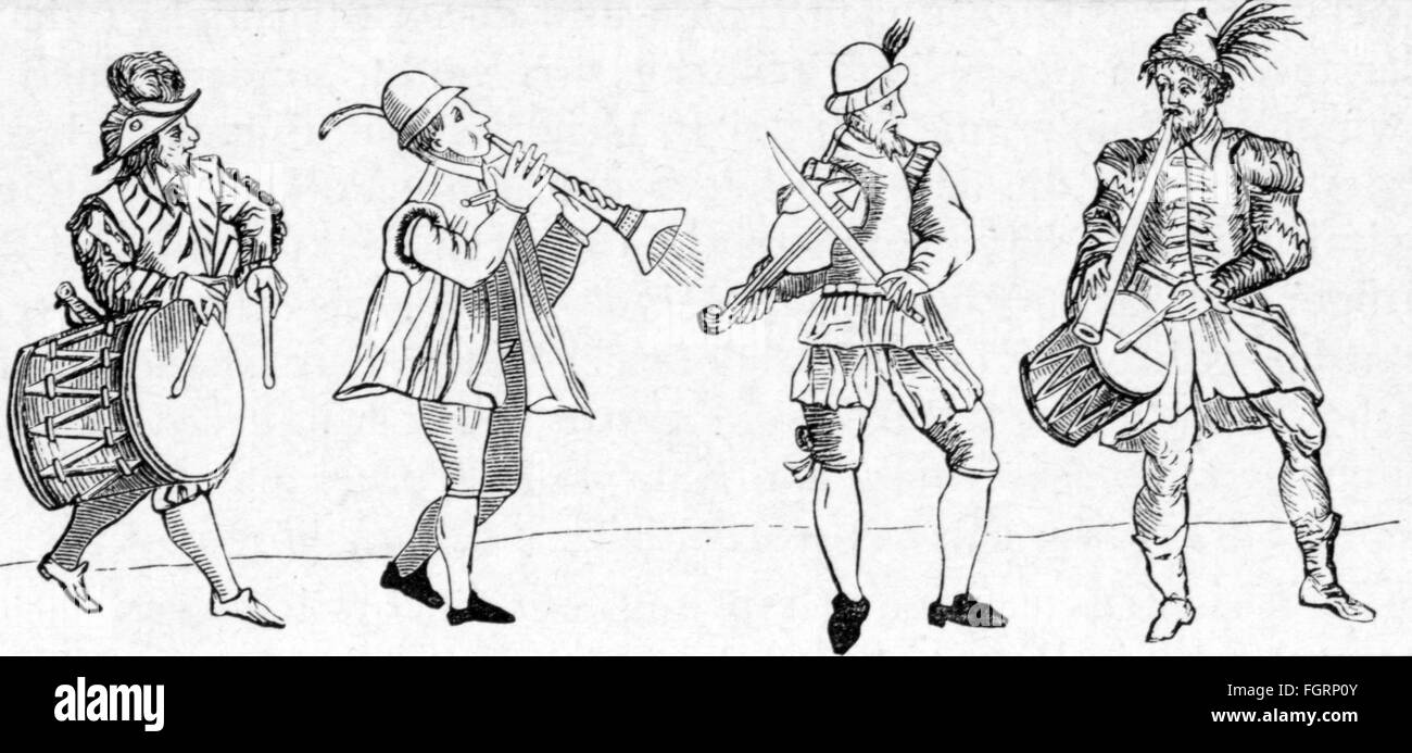 music, musicians, musicians playing for the dance, woodcut to 'Orchesographie' by Thoinot Arbeau (Jehan Tabourot), Langres, 1588, Additional-Rights-Clearences-Not Available Stock Photo
