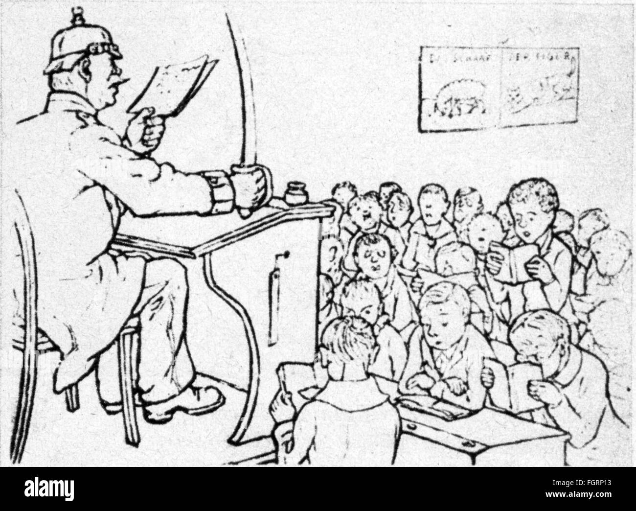 pedagogy, caricature, policeman as teacher in Imperial Germany, drawing, circa 1900, Additional-Rights-Clearences-Not Available Stock Photo