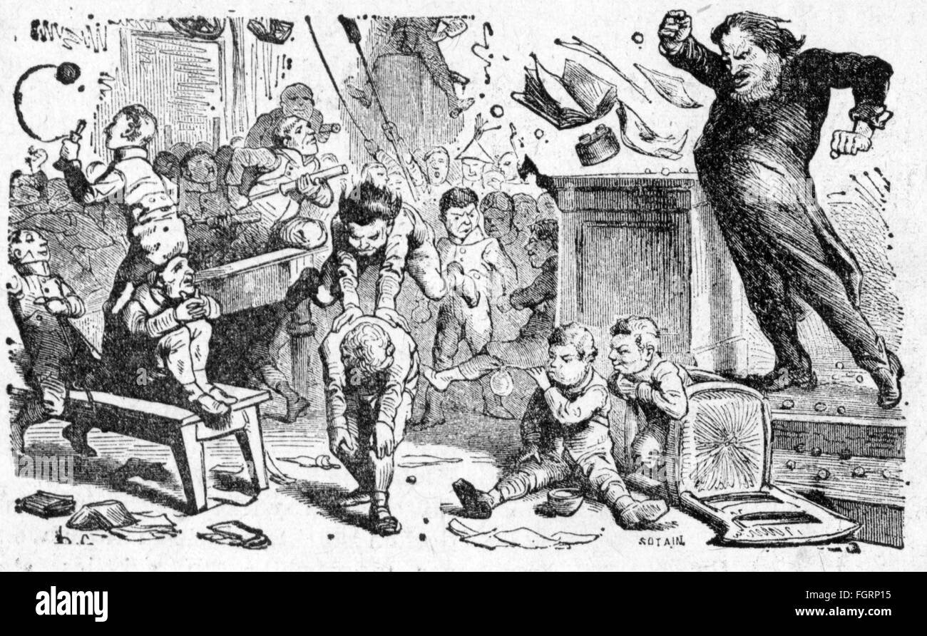 pedagogy,caricature,chaotic school lesson,engraving by Noel Eugene Sotain,19th century,19th century,graphic,graphics,France,humor,humour,satire,school,schools,classroom,class-room,classrooms,class-rooms,form,school class,tutor group,forms,school classes,tutor groups,school lessons,half length,teach,teaching,teaches,taught,learning,learn,pupil,student,pupils,students,preservice teacher,pedagogue,pedagog,pedagogues,pedagogs,educator,teacher,educators,teachers,standing,lectern,teacher's desk,desk,chaos,chaotic,con,Additional-Rights-Clearences-Not Available Stock Photo