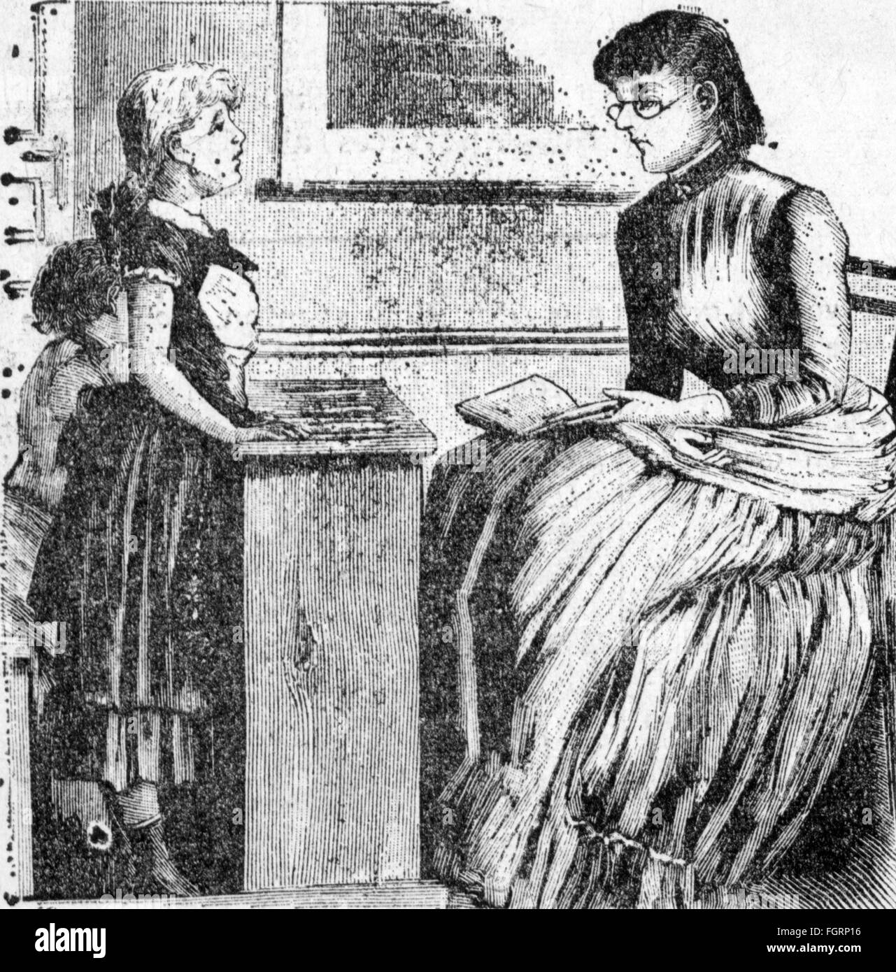 pedagogy,school / lessons / discipline,schoolgirl reciting poems learned learned by heart,wood engraving,19th century,19th century,graphic,graphics,classroom,class-room,classrooms,class-rooms,school lessons,schoolmistress,full length,standing,schoolgirl,schoolgirls,preservice teacher,pedagogue,pedagog,pedagogues,pedagogs,educator,teacher,educators,teachers,speak,speaking,by heart,by rote,from memory,retentive memory,tenacious memory,jog memory,pedagogy,paedagogy,education,school,schools,lessons,classes,bear,bearing,po,Additional-Rights-Clearences-Not Available Stock Photo