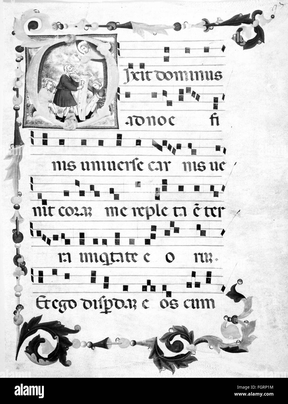 music, notation, neume, page from a Psalter, Italy, mid, 14th century, Germanisches Nationalmuseum (National Museum of Germanic History), Nuremberg, sheet of music, sheet music, notations, notation, stave, neume, psaltery, psaltry, liturgic book, sacred music, sacral music, religion, religions, Christianity, script, scripts, in Latin, Latin, Middle Ages, people, northeast, alphabetic letter O, notes, note, page, pages, historic, historical, Additional-Rights-Clearences-Not Available Stock Photo