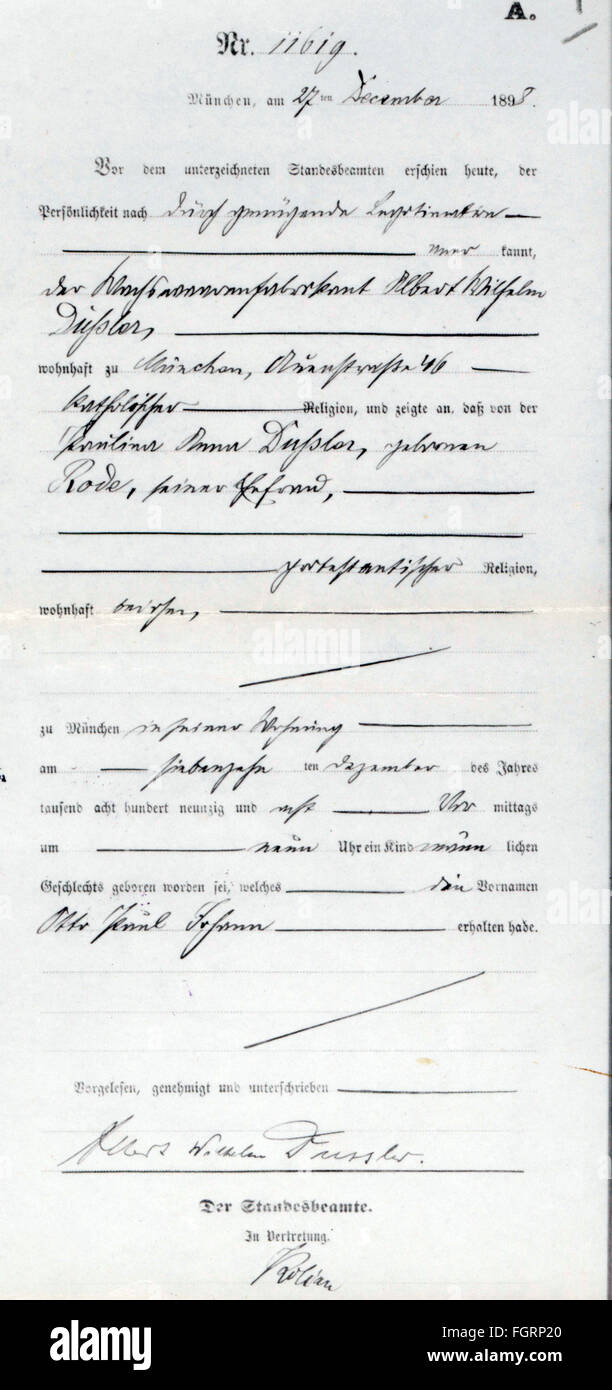 documents, photocopy of the birth certificate for Otto Paul Johann Dussler, born on 17.12.1898, issued by Register Office, Munich, 27.12.1898, 19th century, Germany, Upper Bavaria, birth, births, birth certificate, birth certificates, natal register, register, registers, stamp, stamps, signature, signatures, copies, documents, document, photocopy, photostat, copy, Register Office, registry office, registrar's office, Registry of Births, Deaths & Marriages, historic, historical, Additional-Rights-Clearences-Not Available Stock Photo