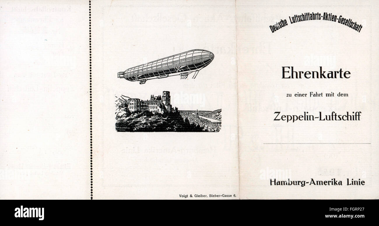 transport / transportation, aviation, airship, complimentary ticket for ride with a zeppelin of the Deutsche Luftschiffahrts AG, drawing by M.Brandstrup, 1914, Additional-Rights-Clearences-Not Available Stock Photo