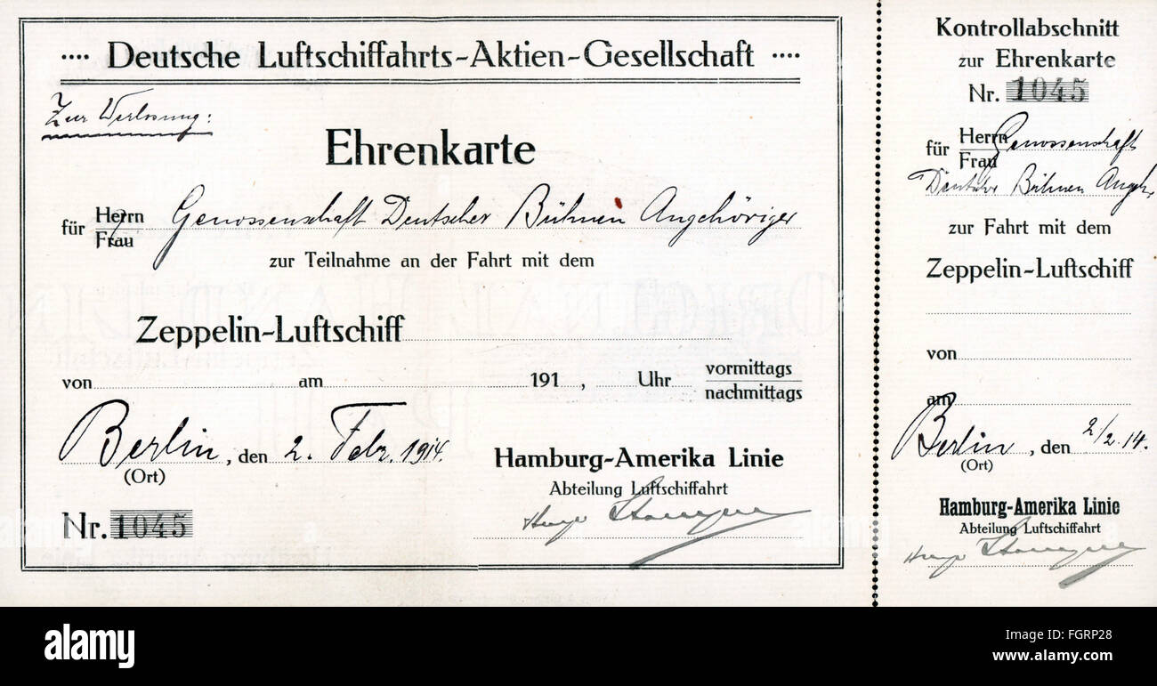 transport / transportation, aviation, airship, complimentary ticket for the Guild of the German Stage for a ride with a zeppelin of the Deutsche Luftschiffahrts AG, issued Berlin, 2.2.1914, Additional-Rights-Clearences-Not Available Stock Photo
