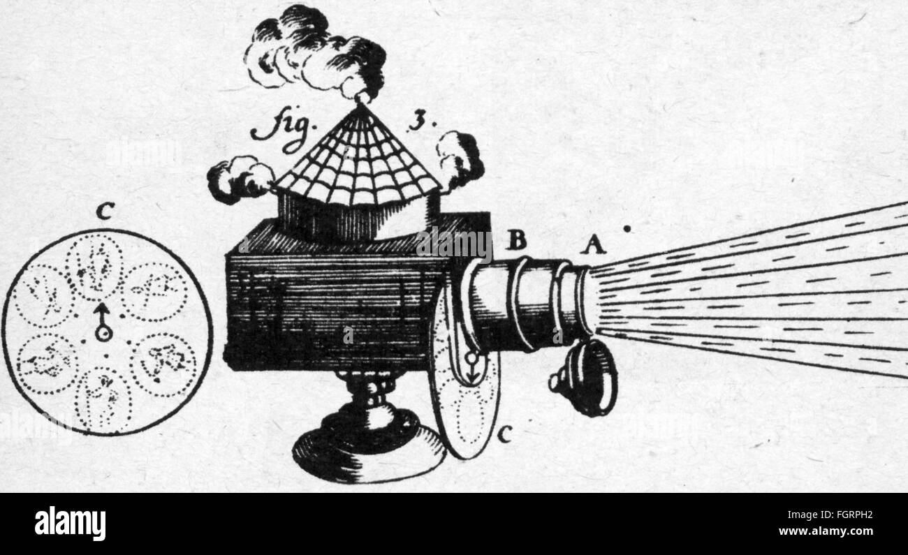 movie, magic lantern, advencement of the magic lantern by Johann Zahn (1641 - 1707), copper engraving, out of: 'Oculus artificialis teledioptricus sive telescopium', print: Quirinus Heyl, Würzburg, 1685, Artist's Copyright has not to be cleared Stock Photo