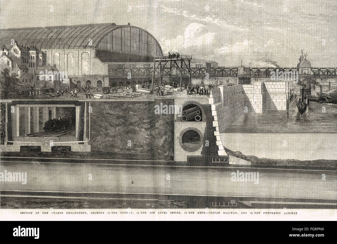 Thames Embankment in cross section 1867 showing the workings of the partially constructed Rammell pneumatic railway The Waterloo and Whitehall Railway Stock Photo