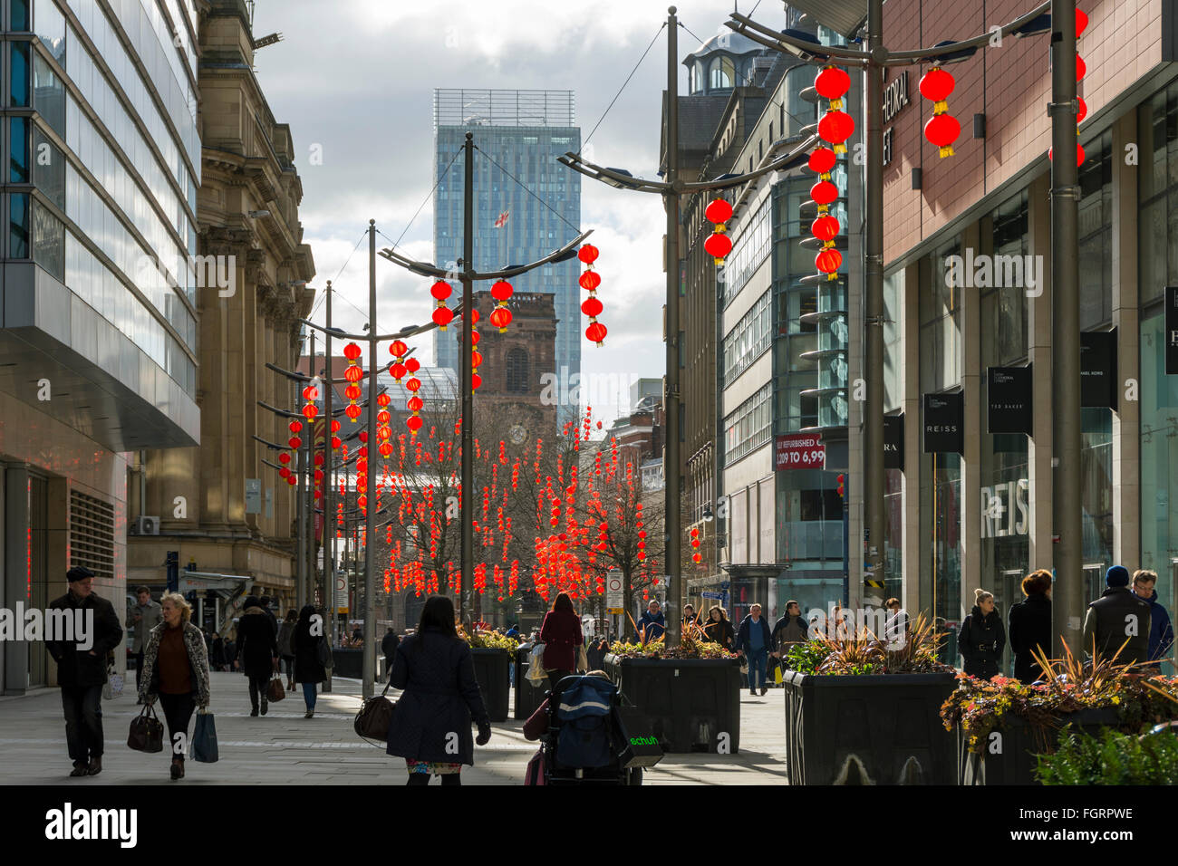 Chinese lanterns in St. Anne's Square Manchester, England, UK.  For Chinese New Year celebrations.  Beetham Tower behind. Stock Photo