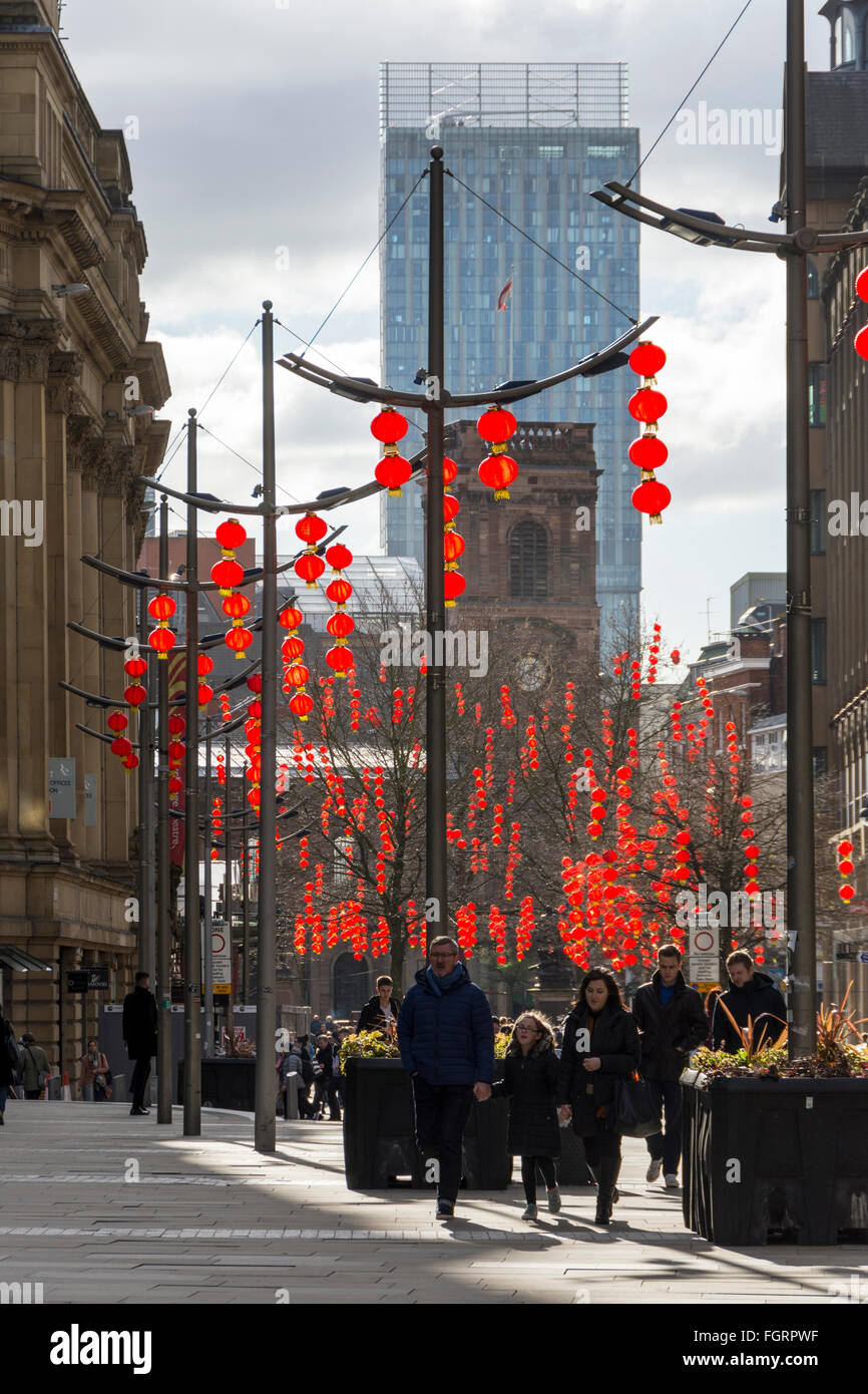 Chinese lanterns in St. Anne's Square Manchester, England, UK.  For Chinese New Year celebrations.  Beetham Tower behind. Stock Photo