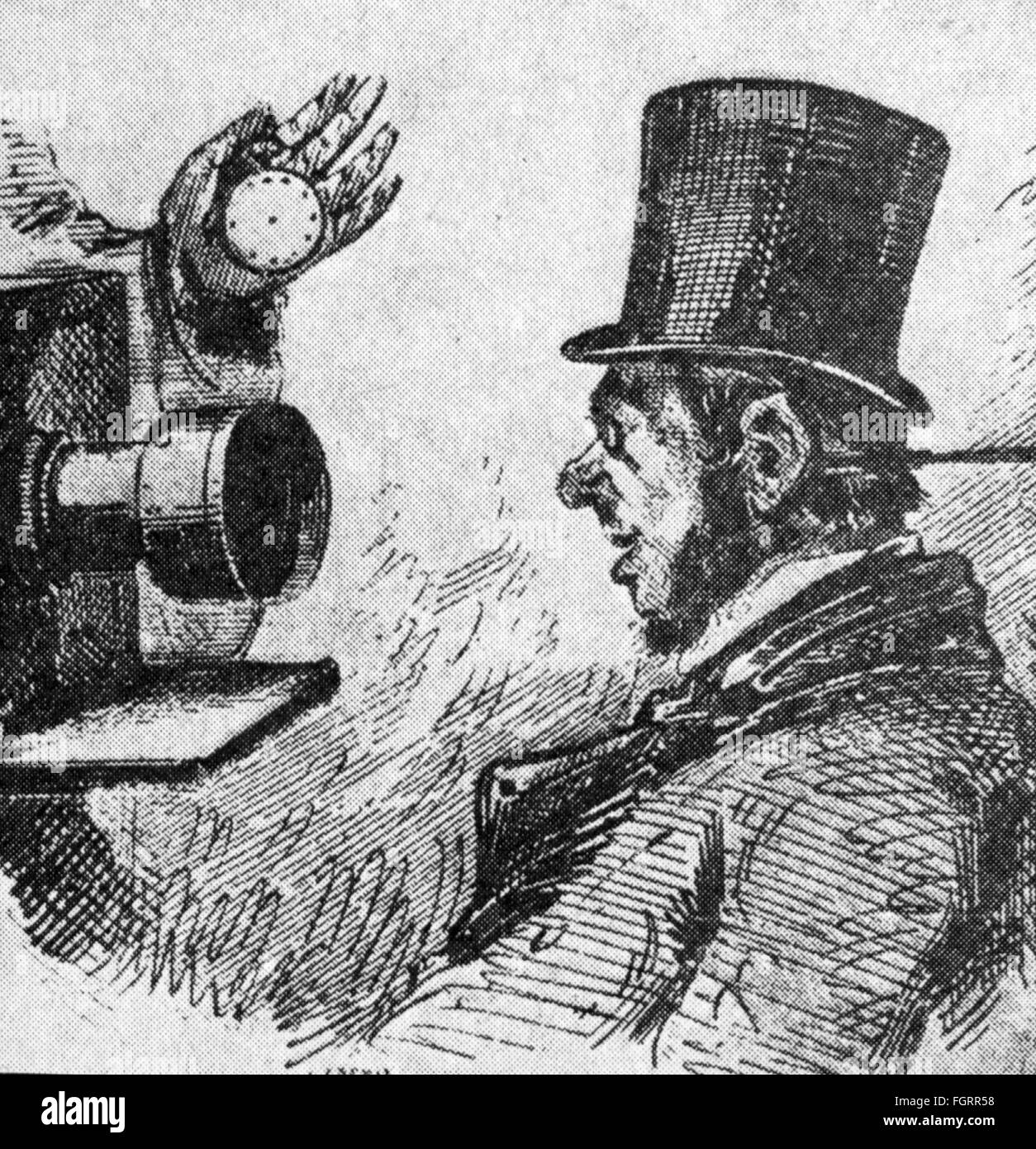 photography,caricature,man sitting for a portrait,wood engraving,19th century,19th century,graphic,graphics,humor,humour,satire,holding,hold,pocket watch,watch,pocket watches,watches,tophat,top hat,tophats,top-hat,topper,high hat,top-hats,toppers,high hats,miniature,miniatures,rest,support,rests,supports,headrest,head restraint,headrests,active head restraints,exposure time,exposure times,duration of exposure,photo camera,camera,cameras,headpiece,headpieces,caricature,caricatures,man,men,historic,historical,man,,Additional-Rights-Clearences-Not Available Stock Photo