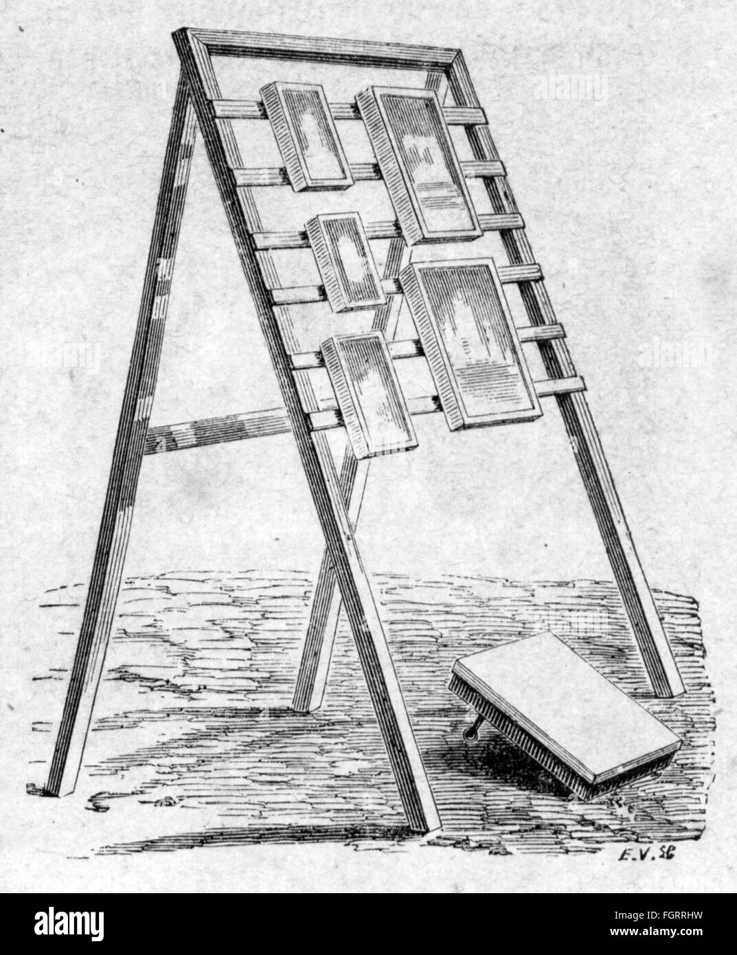 photography, beginnings, collodion process, rack for printing frames, wood engraving, out of: 'Buch der Erfindungen, Gewerbe und Industrien, Otto Spamer publishing house, Leipzig - Berlin, 1864 - 1867, Additional-Rights-Clearences-Not Available Stock Photo