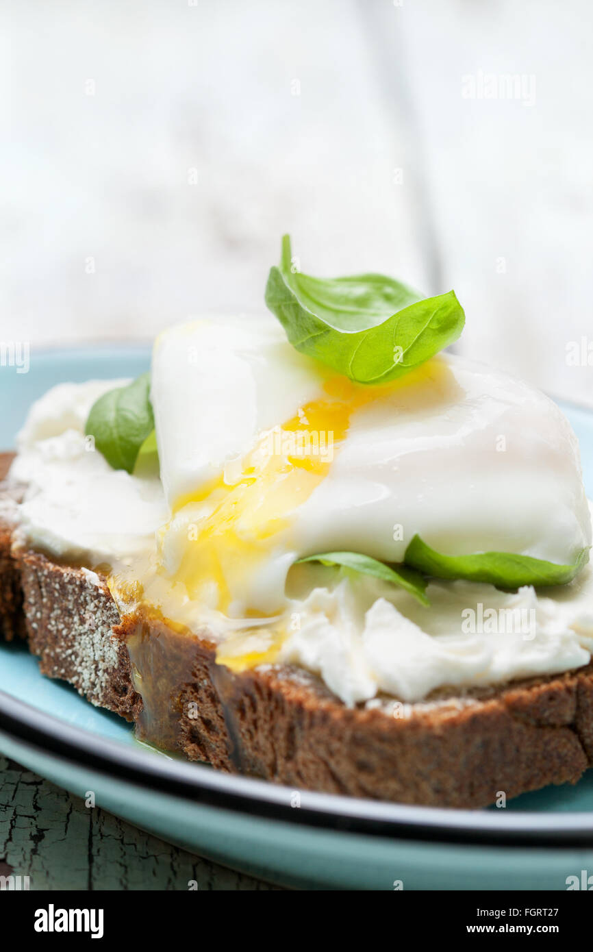 toast with poached egg, cottage  cheese and basil leaves on a wooden background Stock Photo