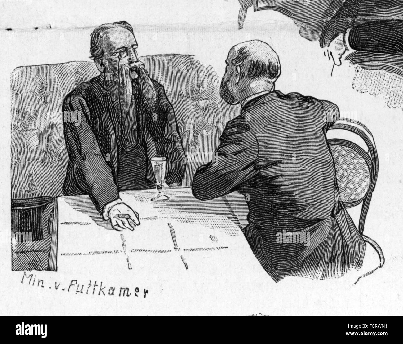 festivities, Fruehschoppen in the Reich Chancellery, Berlin, 20.6.1884, Robert Viktor von Puttkamer in conversation, wood engraving after drawing by E. Henseler, 'Ueber Land und Meer', 1884, Additional-Rights-Clearences-Not Available Stock Photo