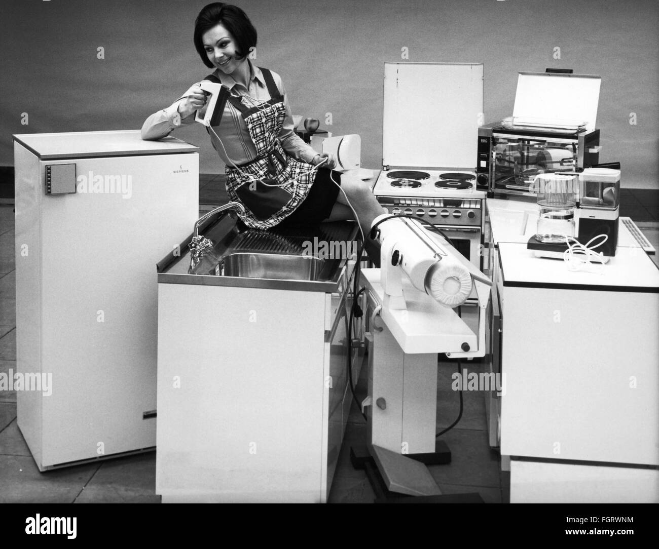 household, kitchen and kitchenware, housewife with different household appliances, late 1960s, Additional-Rights-Clearences-Not Available Stock Photo