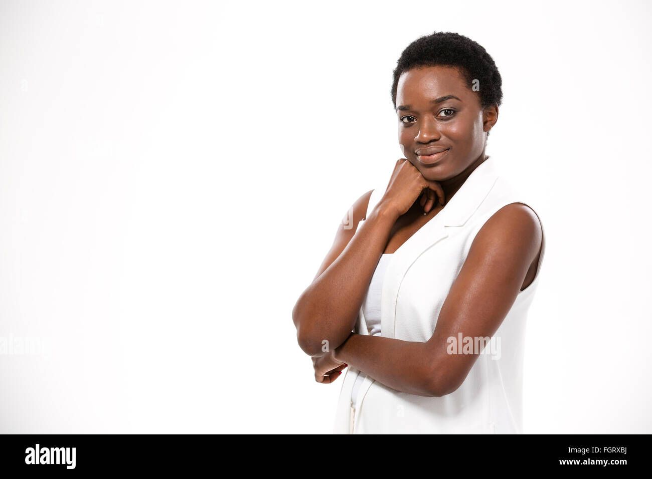 Portrait of happy beautiful african american young woman over white ...