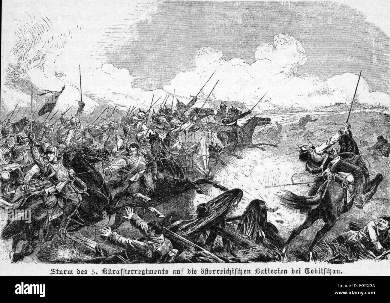 Austro-Prussian War 1866,battle of Tobitschau,15.7.1866,the Prussian 5th Cuirassier Regiment rushing for Austrian batteries,wood engraving,late 19th century,Prussian,Austrian,fight,fights,cavalry,cavalries,artillery,assaults,attack,attacks,touch,cavalry charge,assault,storm,storming,charging,charge,cuirassiers,Prussia,Austria,Tovacov,Moravia,Czechia,Czech Republic,Kingdom of Bohemia,horseman,horsemen,cavalryman,cavalrymen,horse,horses,soldiers,soldier,people,men,man,male,battle,battles,rush,rushing,batteries,batte,Additional-Rights-Clearences-Not Available Stock Photo