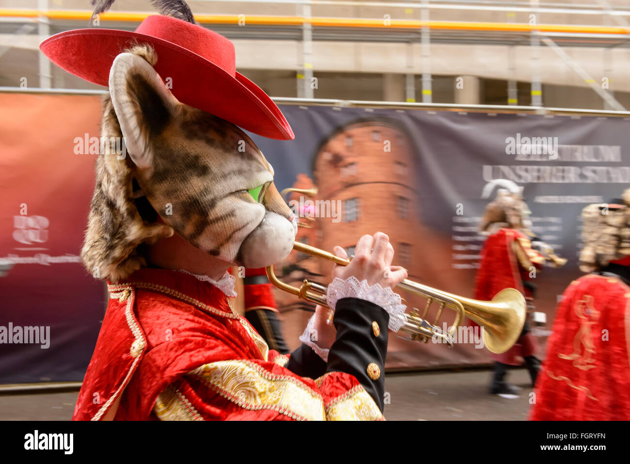 trumpeter in a marching band of cats at Carnival parade, Stuttgart Stock Photo