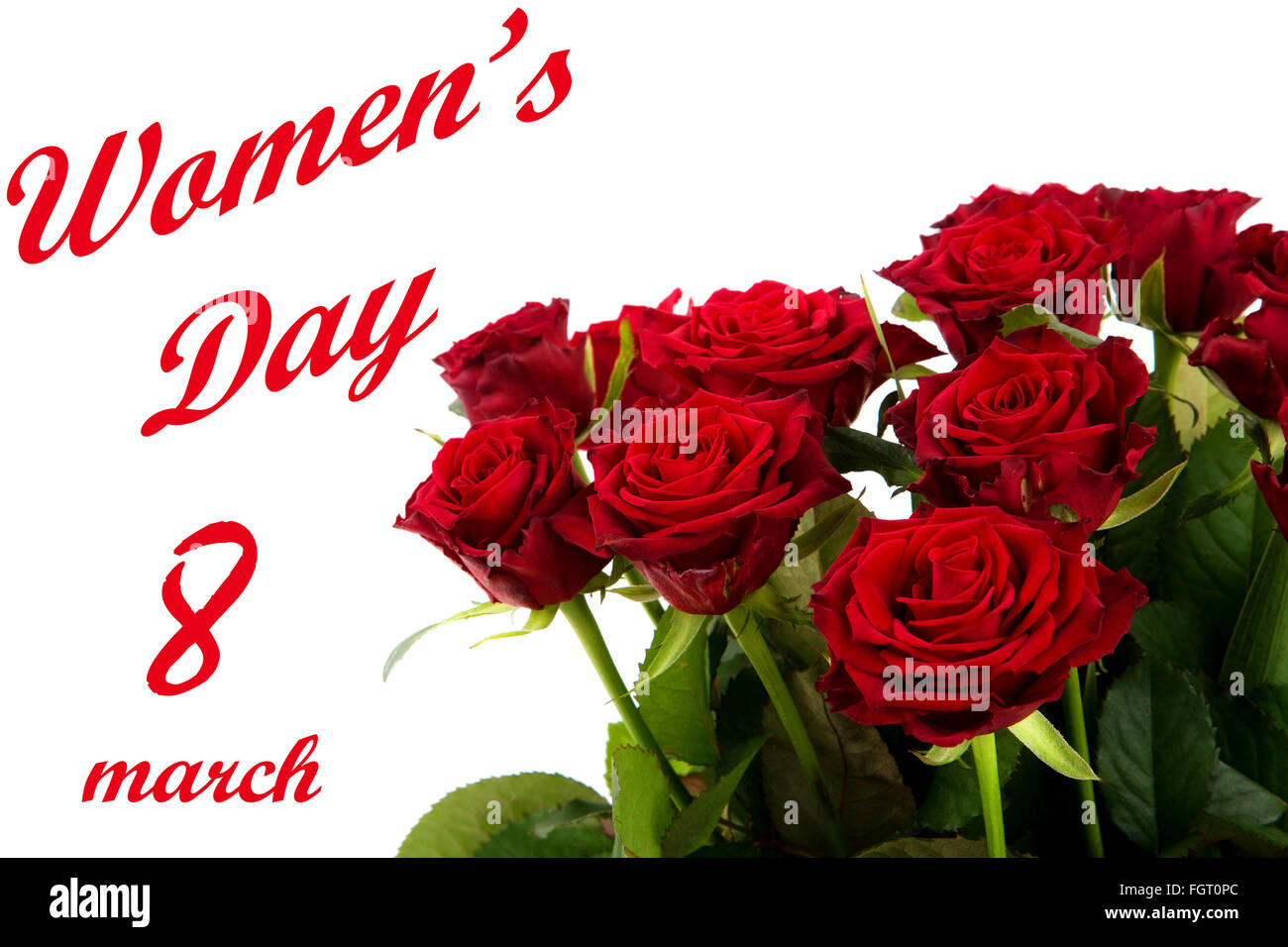 Happy Womens Day - red roses on a white background Stock Photo