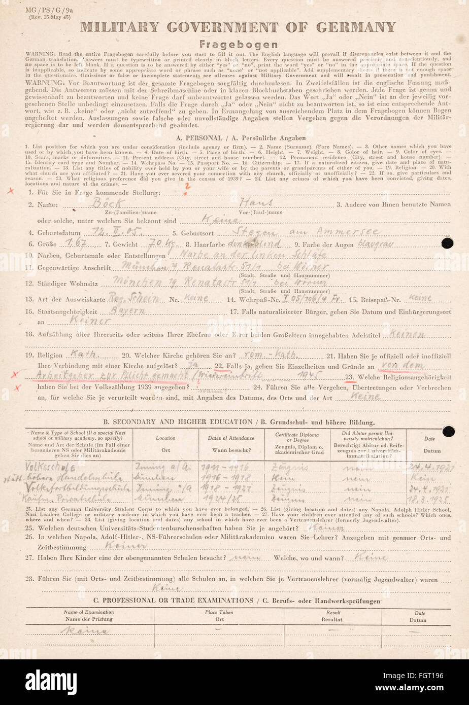 post war period, denazification, questionnaire of the American Military ...