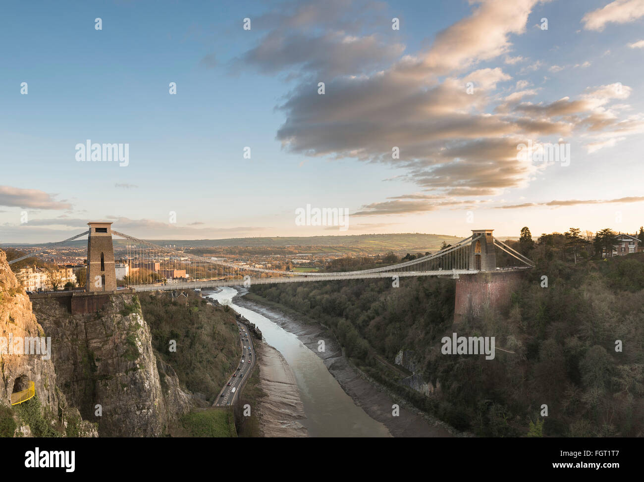 Clifton Suspension Bridge overlooking the Avon Gorge, with dramatic evening light. Stock Photo