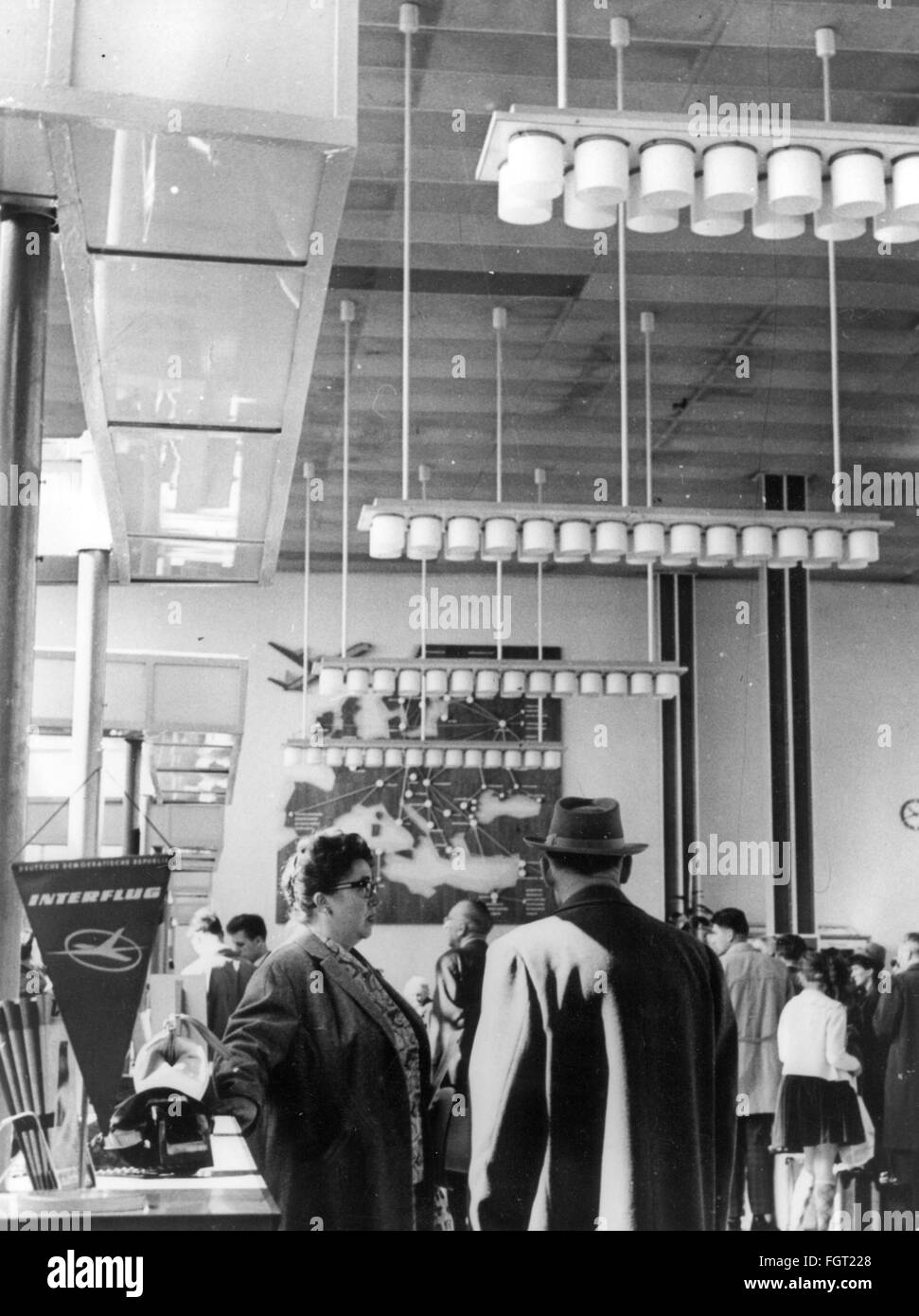 transport / transportation, aviation, airport, Germany, Berlin-Scheonefeld Airport, airport terminal, interior view, departure lounge, counter of the airline Interflug, East Berlin, September 1963, Additional-Rights-Clearences-Not Available Stock Photo
