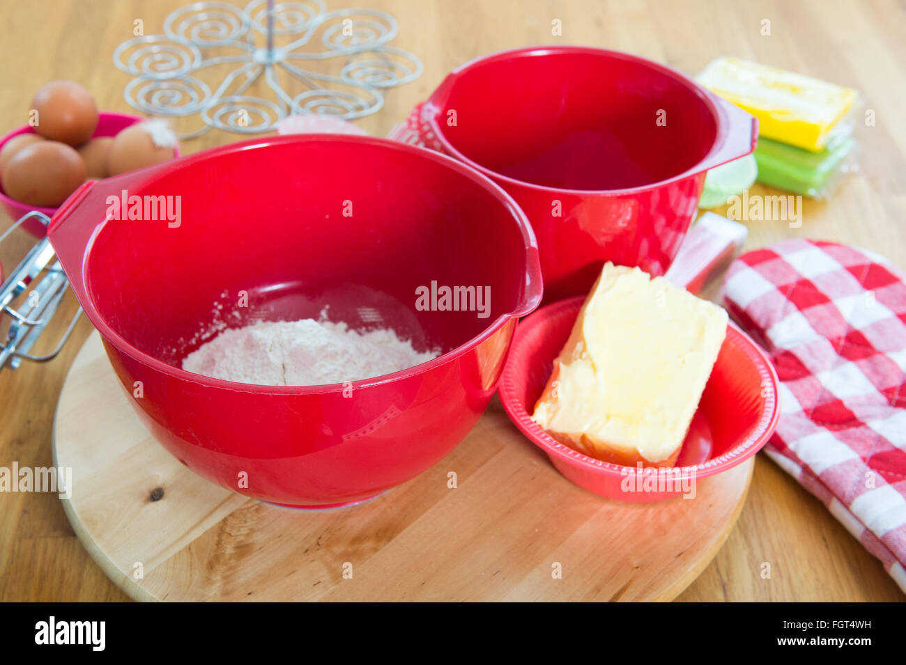 bowl with flour , butter and eggs Stock Photo Alamy