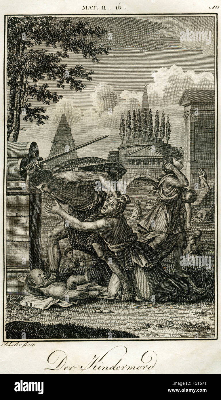 The Massacre of the Innocents, ordered by Herod the Great, copperplate engraving by Carl Schuler, about 1780 , from an book of the 18th century religion, Christianity, Jesus Christ, Jesu, Herod the Great, Massacre, boys, small children, copperplate engraving, 18th century , people, historic, historical, Additional-Rights-Clearences-Not Available Stock Photo