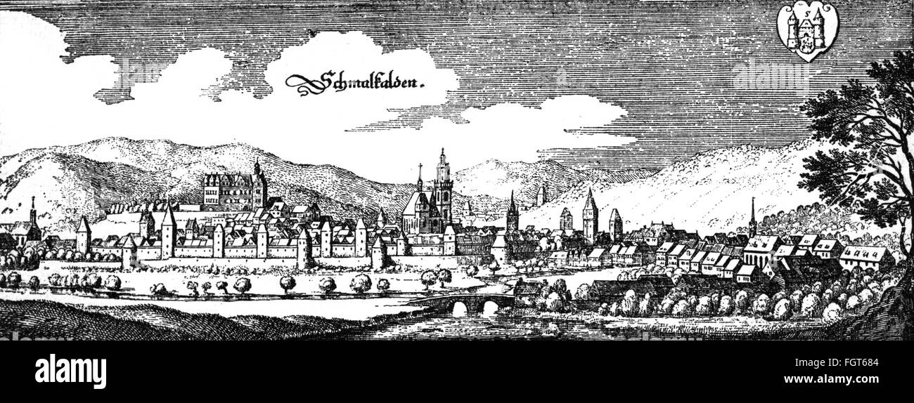 geography / travel, Germany, Schmalkalden, view, copper engraving to 'Topographia Hassiae et Regionum Vicinarum' by Matthaeus Merian the Elder, 1646 / 1655, Artist's Copyright has not to be cleared Stock Photo