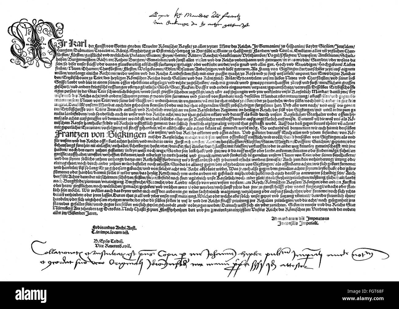 Knights' Revolt 1522 - 1523, ban letter against Franz von Sickingen, remitted in the name of Emperor Charles V by Archduke Ferdinand of Austria, 10.10.1522, Imperial ban, documents, document, letter, letters, Palatinate knight uprising, uprising, rising, uprisings, imperial knight, Germany, Holy Roman Empire, HRE, 16th century, nobody, remit, remitting, name, names, emperor, emperors, historic, historical, Additional-Rights-Clearences-Not Available Stock Photo