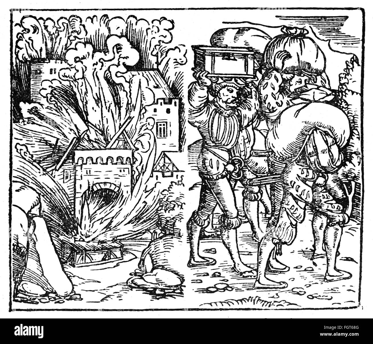 Knights' Revolt 1522 - 1523, devastation and looting of castle Hohenburg in Alsace, 1523, woodcut, 'Warlicher Bericht wie von den dreyen Churfürsten und Fürsten, nämlich Tryer, Pfaltz und Hessen weylandt Frantz von Sickingen über zogen' of Caspar Sturm, 1523, Additional-Rights-Clearences-Not Available Stock Photo