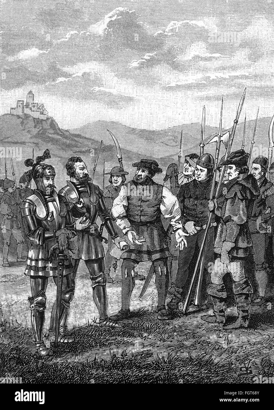 German peasants' revolt 1524 - 1526,the counts Albrecht and Georg of Hohenlohe have to swear on the twelve articles of the peasants,Schoental,6.4.1525,wood engraving by Victor Schivert and D. E. Tau,1891,nobility,peasant uprising,war,wars,riot,riots,insurgent,insurgents,rebel,rebels,revolter,revolters,Franconia,Germany,Holy Roman Empire,HRE,16th century,fine arts,art,19th century,crowd,crowds,crowds of people,counts,earls,count,earl,having to,you have to,you must,has to,must,had to,would have to,article,articles,peasant,Additional-Rights-Clearences-Not Available Stock Photo